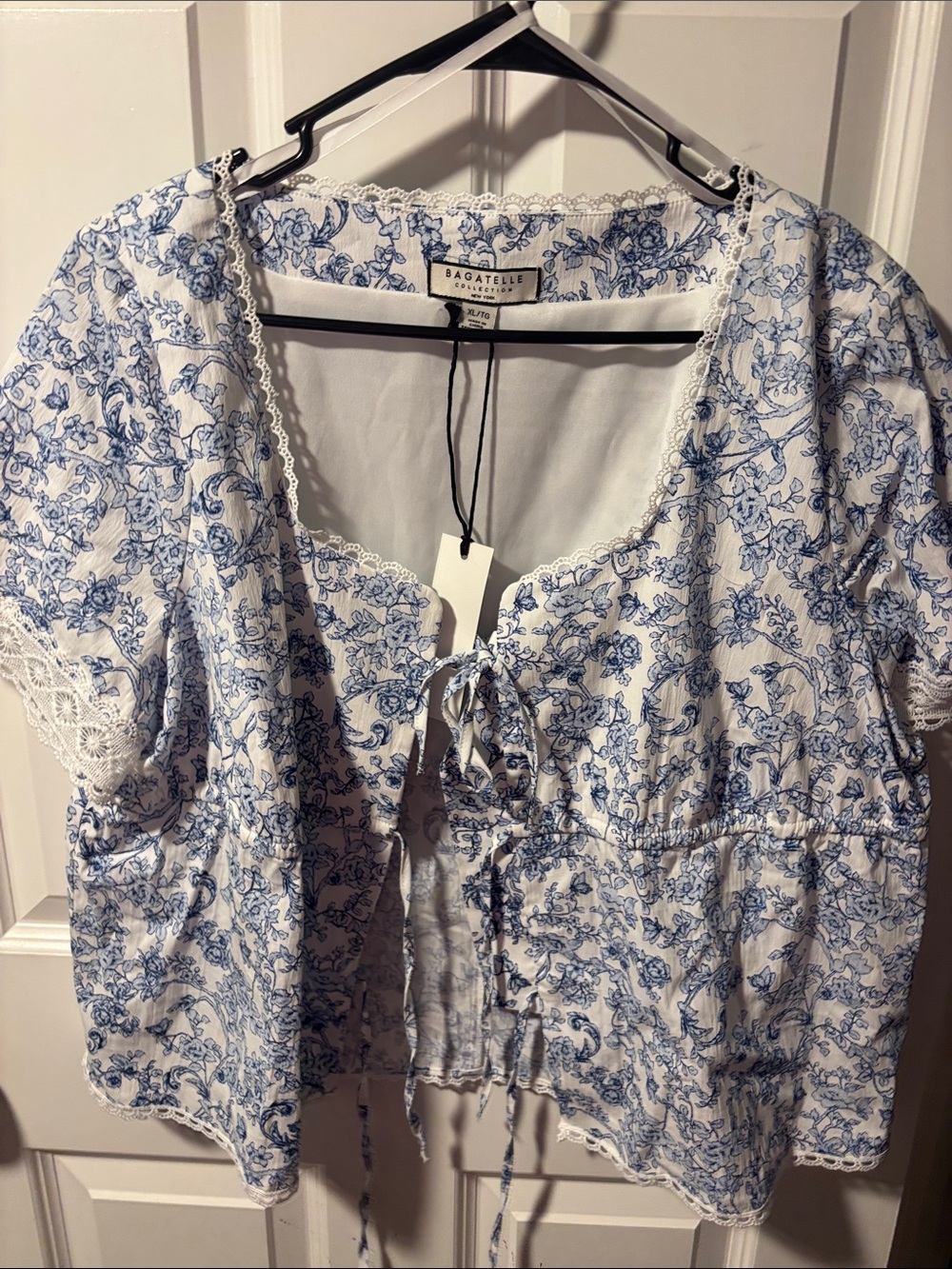 bagatelle Blue and White Floral Tie-Front Cotton Blouse